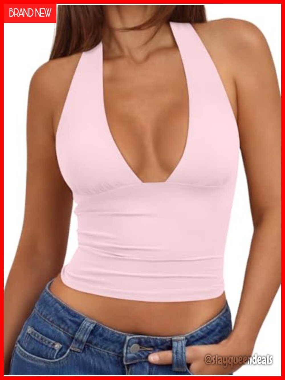 Double Lined Halter Top Open Back Backless Deep V Neck Crop Top Summer Going
